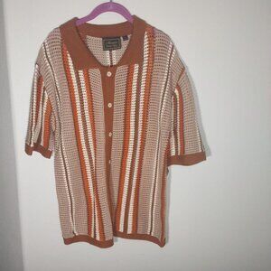 Massive Luxury Edition Crochet Knit Button Shirt Brown, Cream, Rust Stripe L NWT